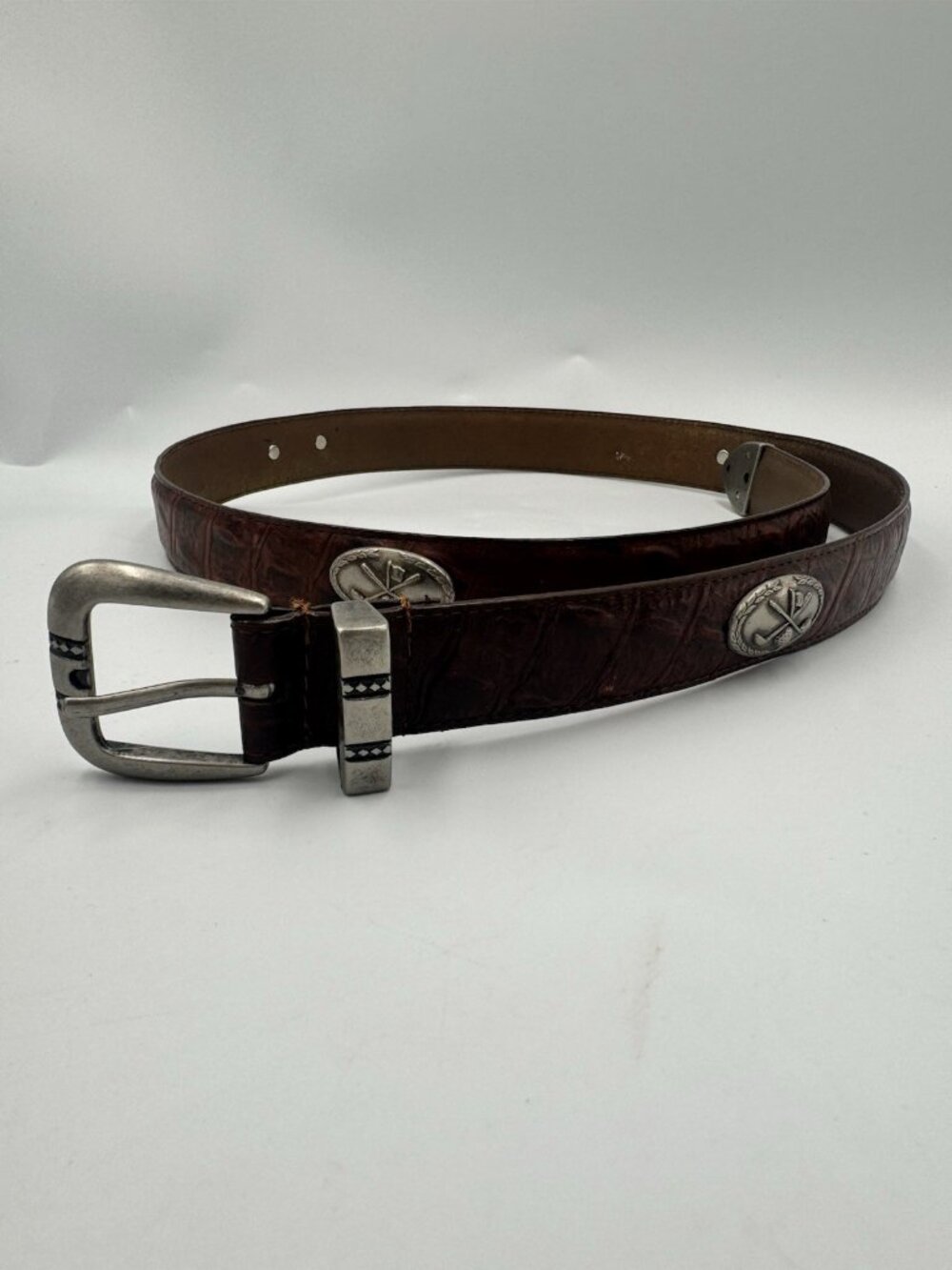 Men's Italian Leather Croc Embossed Golf Concho Belt Brown Sz 36